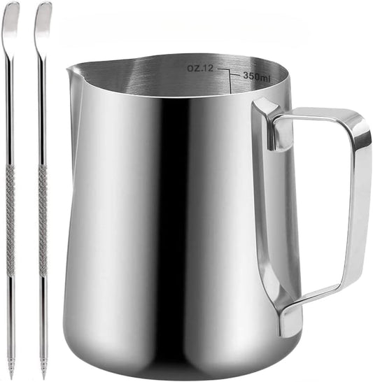 Milk Frothing Pitcher, 350ml/600ml (12oz/20oz) Milk Frother Cup Stainless Steel Jug Steaming Pitcher, Milk Coffee Cappuccino Latte Art Barista Steam Pitchers Milk Jug Cup with 2Pcs Decorating Pen