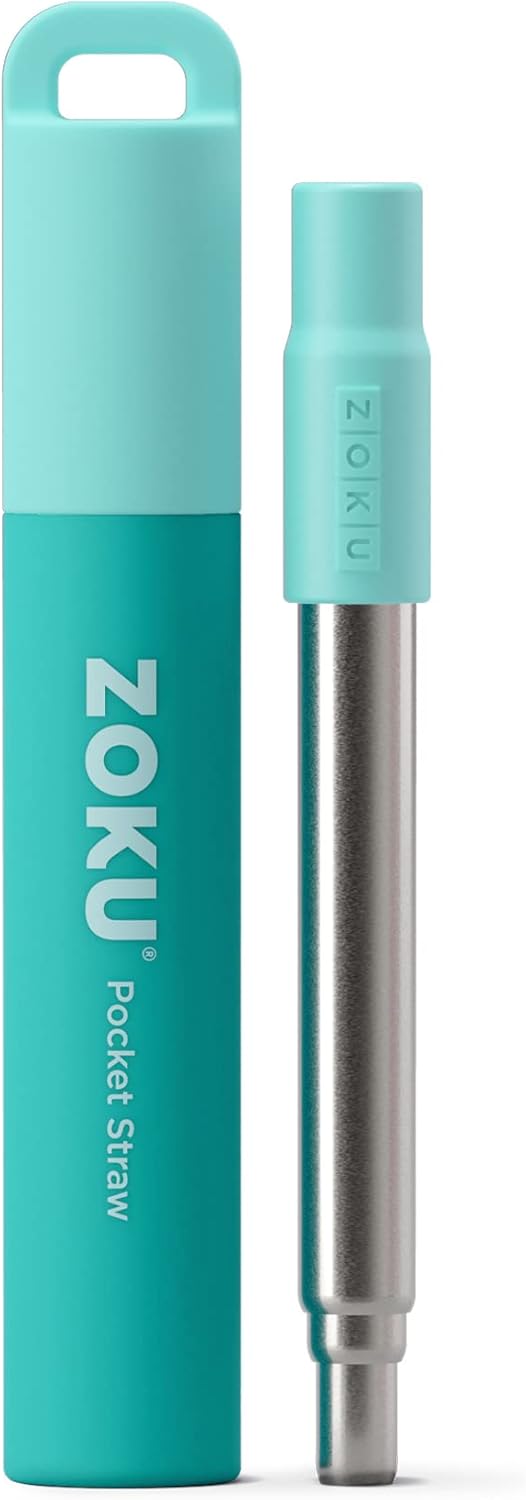 ZOKU Reusable Metal Straw with Case for Travel, Teal - Collapsible Stainless Steel Drinking Straw with Silicone Tip and Cleaner Brush, Ideal for Key Chains, Pockets, Purses