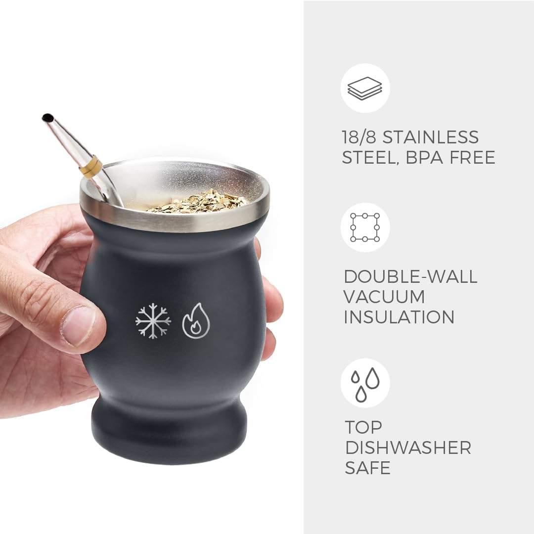 Balibetov [NEW] double wall Stainless Steel Yerba Mate Gourd set (Mate cup) with Yerba Mate Bombilla (straw) (GRAY)