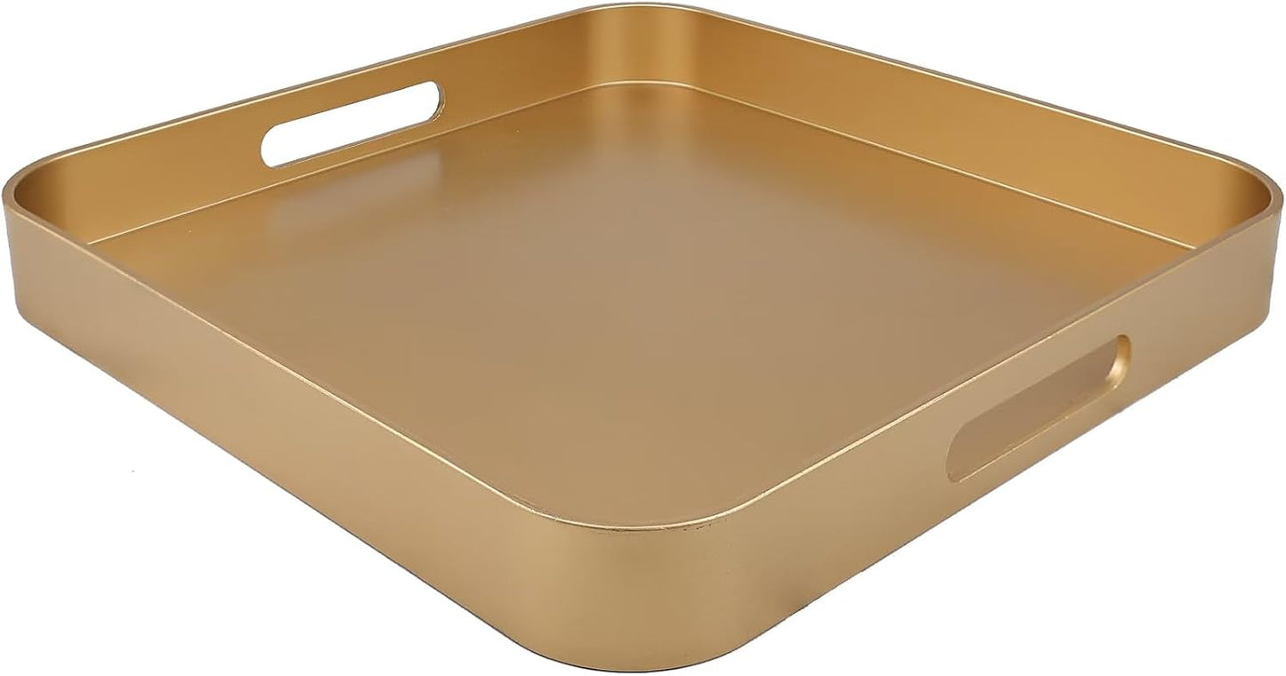 Gold Square Decorative Tray with Handles, 13"*13" Versatile Serving Tray for Coffee Table, Ottoman, Ideal for Serving, Displaying, Organizing