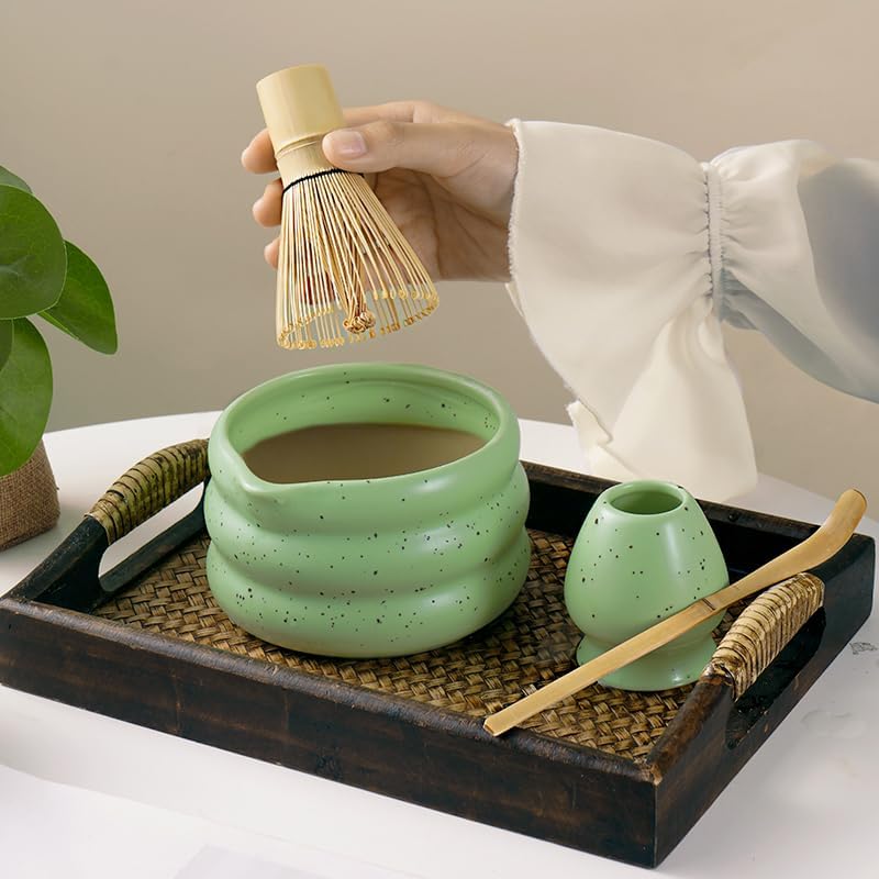 4pcs green ceramic matcha bowl with black speckles, perfect for matcha green tea, coffee, or as part of a matcha kit with whisk, sifter, and glass straws