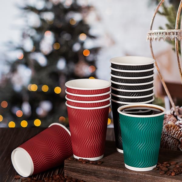 MUCHII 12 oz Paper Coffee Cups, 120 Count Multicolor Disposable Insulated Ripple Paper Cups for Tea Hot Chocolate