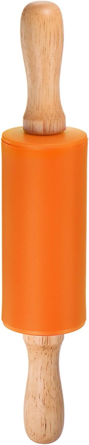 HARFINGTON Silicone Rolling Pins for Baking 9 Inch Wooden Handle Non Stick Rolling Pin Small Roller Playdough Rolling Pins for Dough Pizza Pastry Fondant Kitchen, Orange