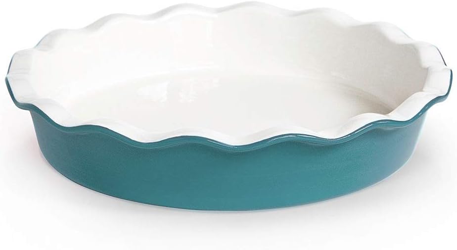 KooK Deep Dish Pie, Pecan Dessert Dish, Porcelain, Ceramic, Deep Dish Plate 10 Inch, Apple Pie, Ruffled Wave Edge, Reusable Round Pan, Oven and Dishwasher Safe, 44 Oz (Aqua)