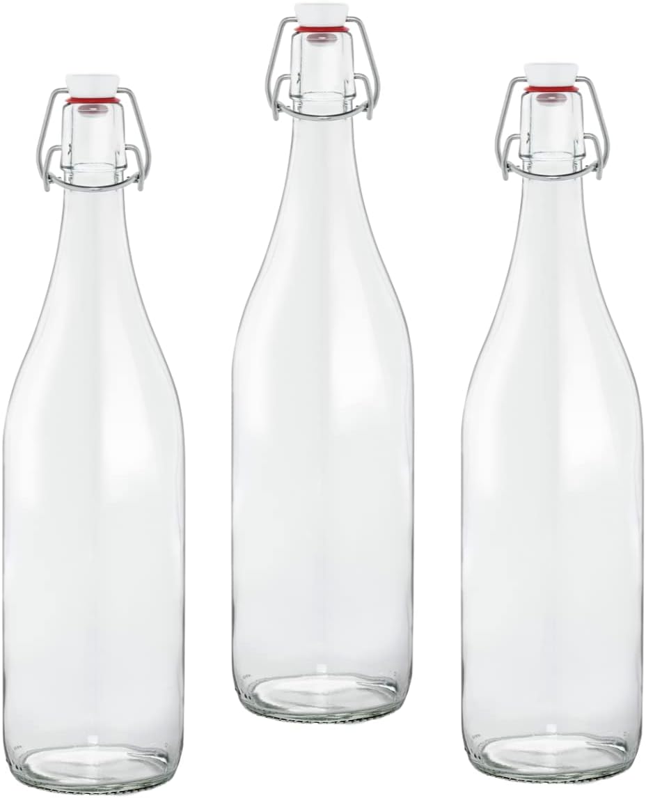 Le Parfait Pitchers | 32oz (Pack of 3) 1 Liter Glass Swing Top Milk Pitcher with Printed Logo & Airtight Swing Stopper | Glass Pitcher for Drinks, Smoothie, Preserving Juices & Salad Dressing