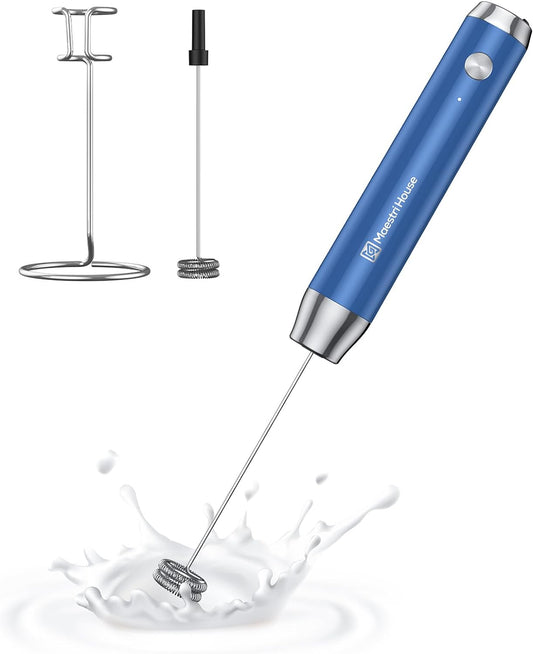 Maestri House Rechargeable Milk Frother with Stand, LunaFro Handheld Electric Foam Maker Waterproof Detachable Stainless Steel Whisk Drink Mixer Foamer for Lattes, Cappuccino