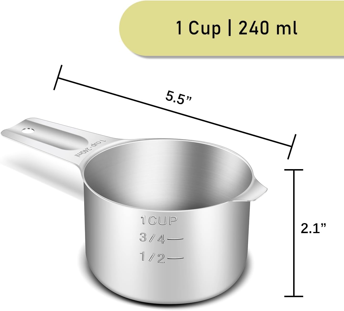 2PCS 1Cup (240ml, 8oz) Single Measuring Cup, Stainless Steel Measure Scoop, Metric and US Measurement, Heavy Duty, Dishwasher Safe