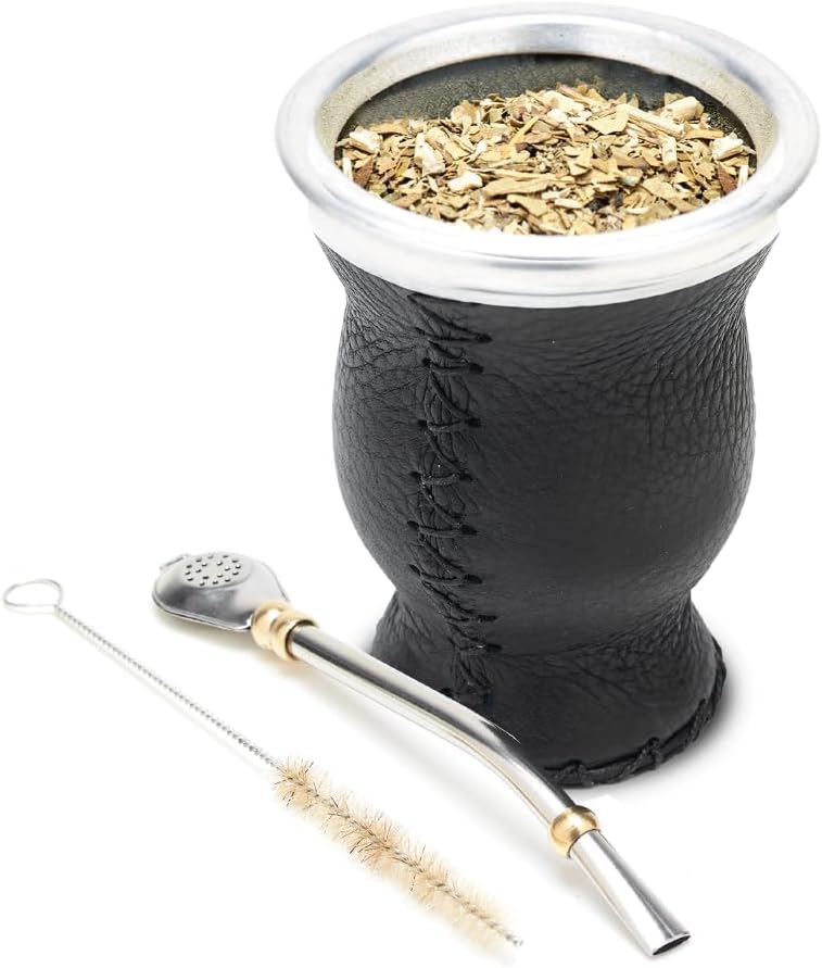 BALIBETOV Leather & Glass Yerba Mate Gourd Set (Mate Cup) with Yerba Mate Bombilla
