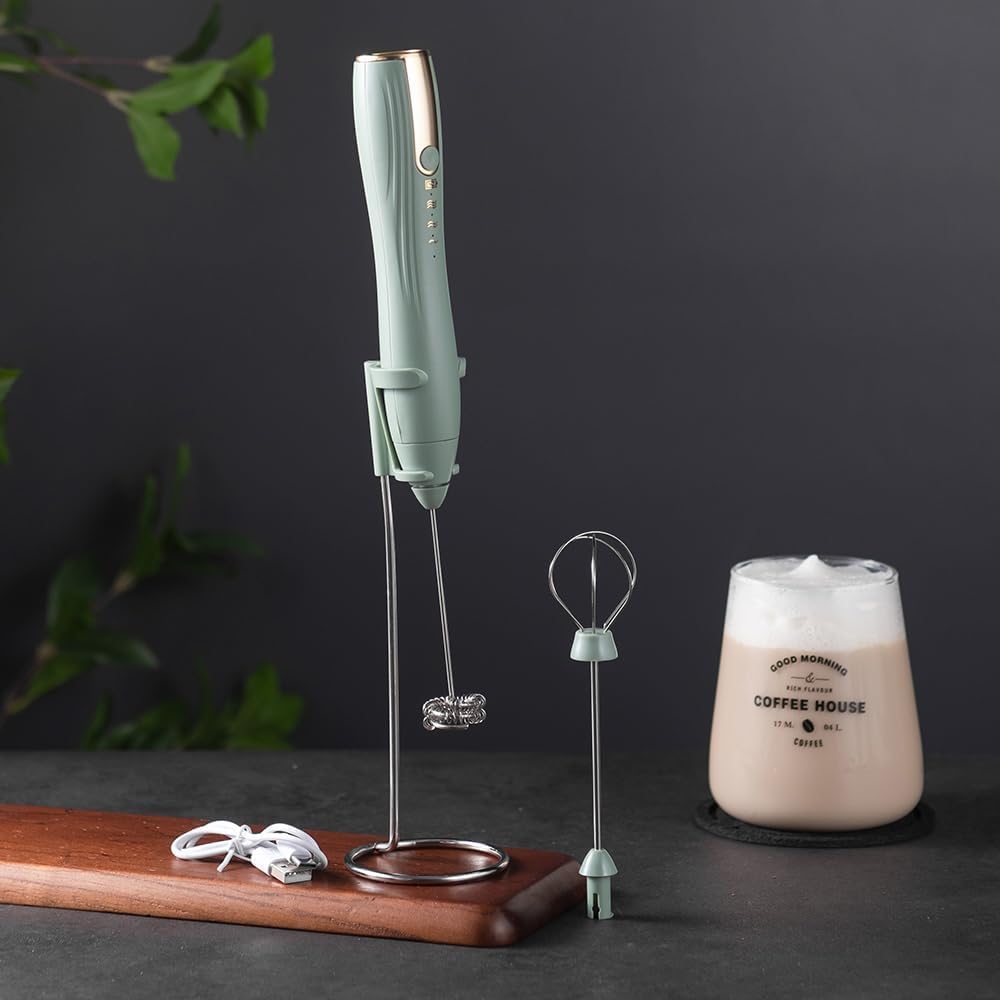 TonJin Frother Wand Rechargeable USB-C Milk Frother Handheld Mixer Electric with 2 Whisk Heads, 3 Speeds Adjustable Coffee Drink Mixer with Stand for Lattes, Matcha, Hot Chocolate, Egg, Matcha(Green)
