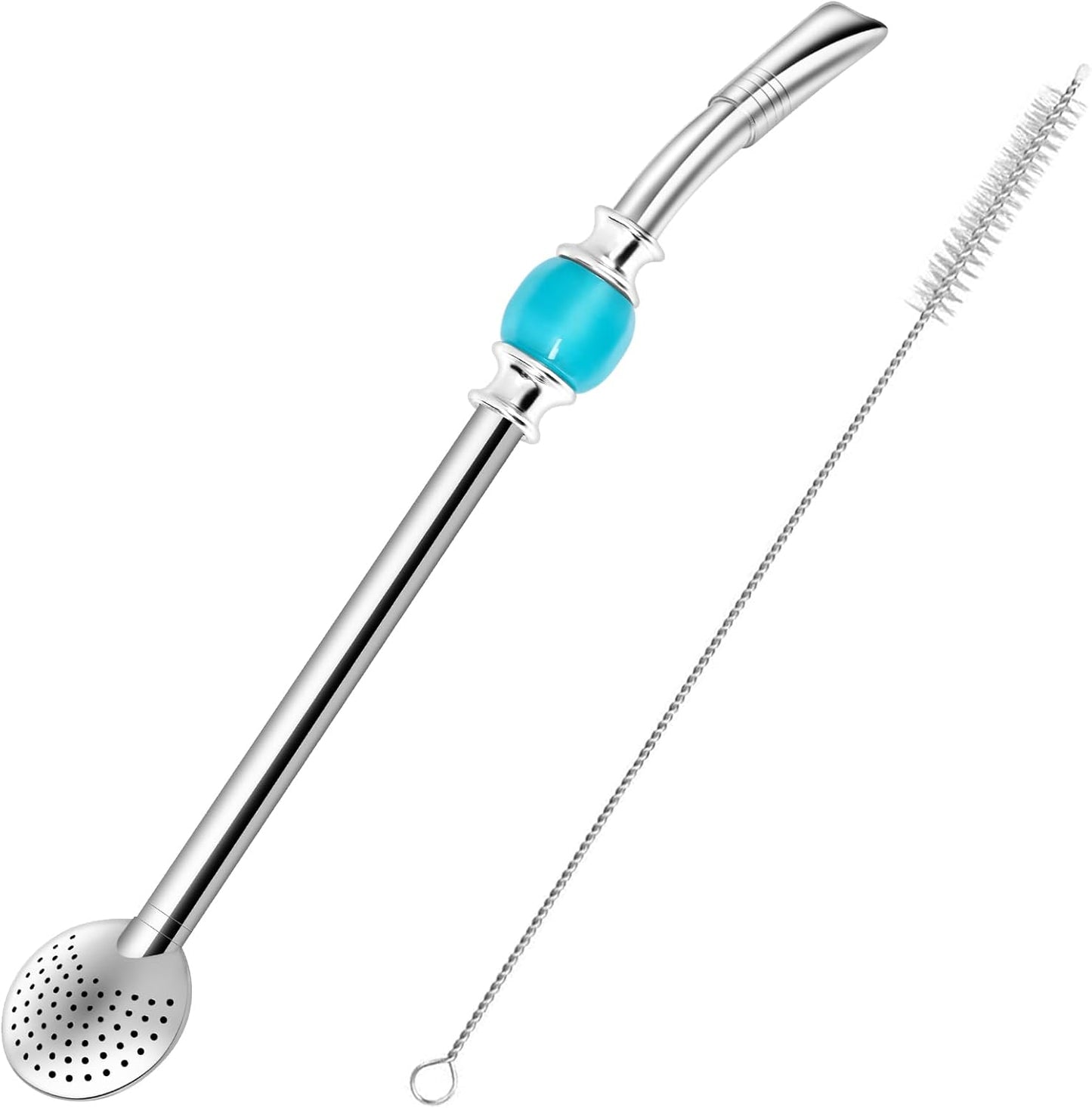 Reusable Bombilla Yerba Mate Straw - Stainless Steel Removable Spoon Style Filter with a Beautiful Bead - Metal Straw for Drinking Loose Leaf Tea - Includes Cleaning Brush(Blue)