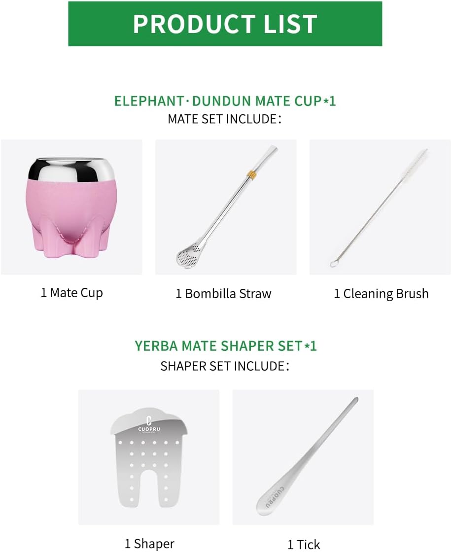 Premium Yerba Mate Cup 5 in 1 Set, Including Stainless Steel Gourd (Glitter Stars, Cute Elephant Style) Bombilla Straw, and Tea Shaper Set, 5.4oz, Gift for Women Drinking Coffee Tea Water (Pink)
