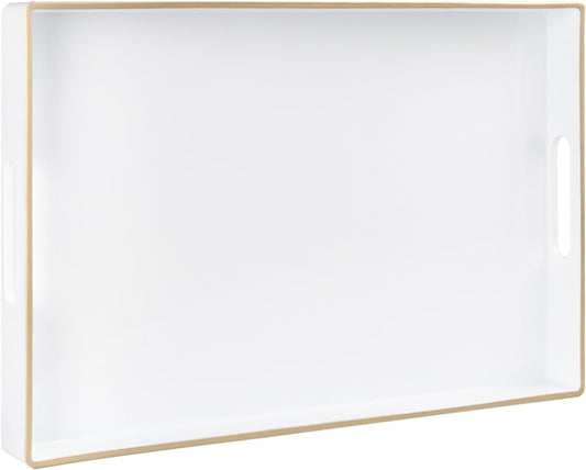 MAONAME White Decorative Tray for Coffee Table, Modern Serving Tray with Handles, Plastic Rectangular Tea Tray for Ottoman, Bathroom Decor, 15.8” X 10.2” x1.4