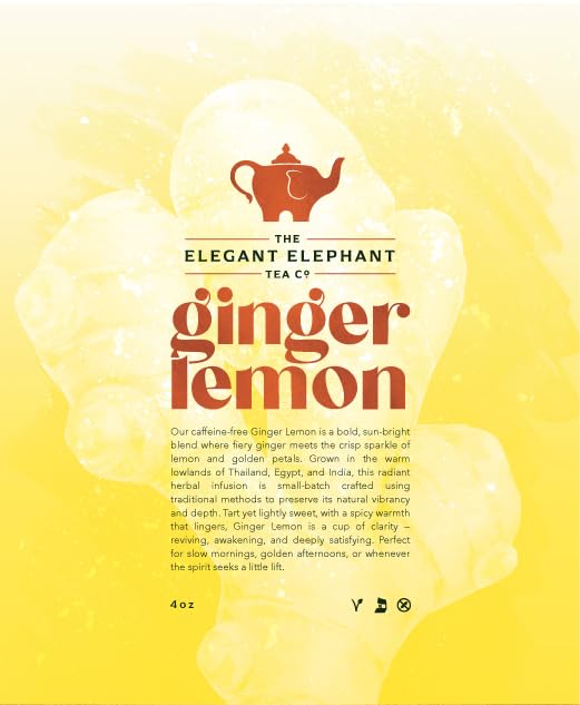Ginger Lemon Tea, Loose Leaf Herbal Tea – Helps Reduce Nausea and Motion Sickness – Detox & Immunity Support – Drink Hot or Iced – 4 oz Resealable Bag (Makes 50 Cups) – The Elegant Elephant