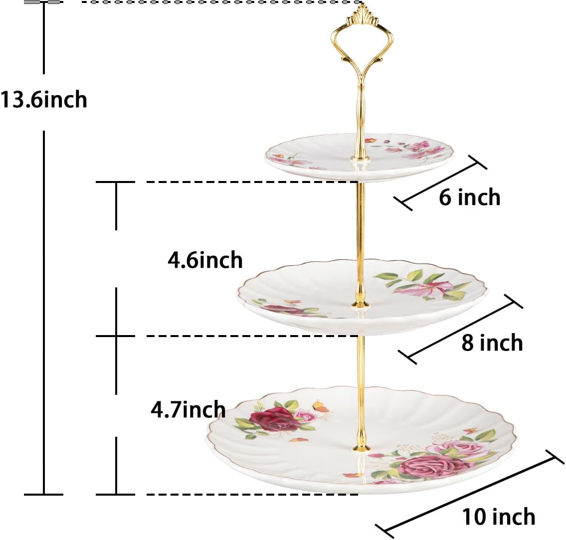 Sweejar 3 Tier Ceramic Cake Stand Wedding, Dessert Cupcake Stand for Tea Party Serving Platter (Fresh Flower)