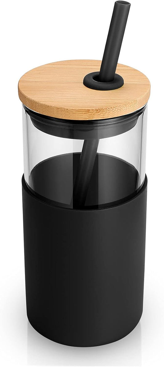 Tronco 16 oz Glass Tumbler with Straw and Bamboo Lid, Iced Coffee Cup Reusable, Smoothie Cups, Tumbler with Silicone Protective Sleeve - BPA Free