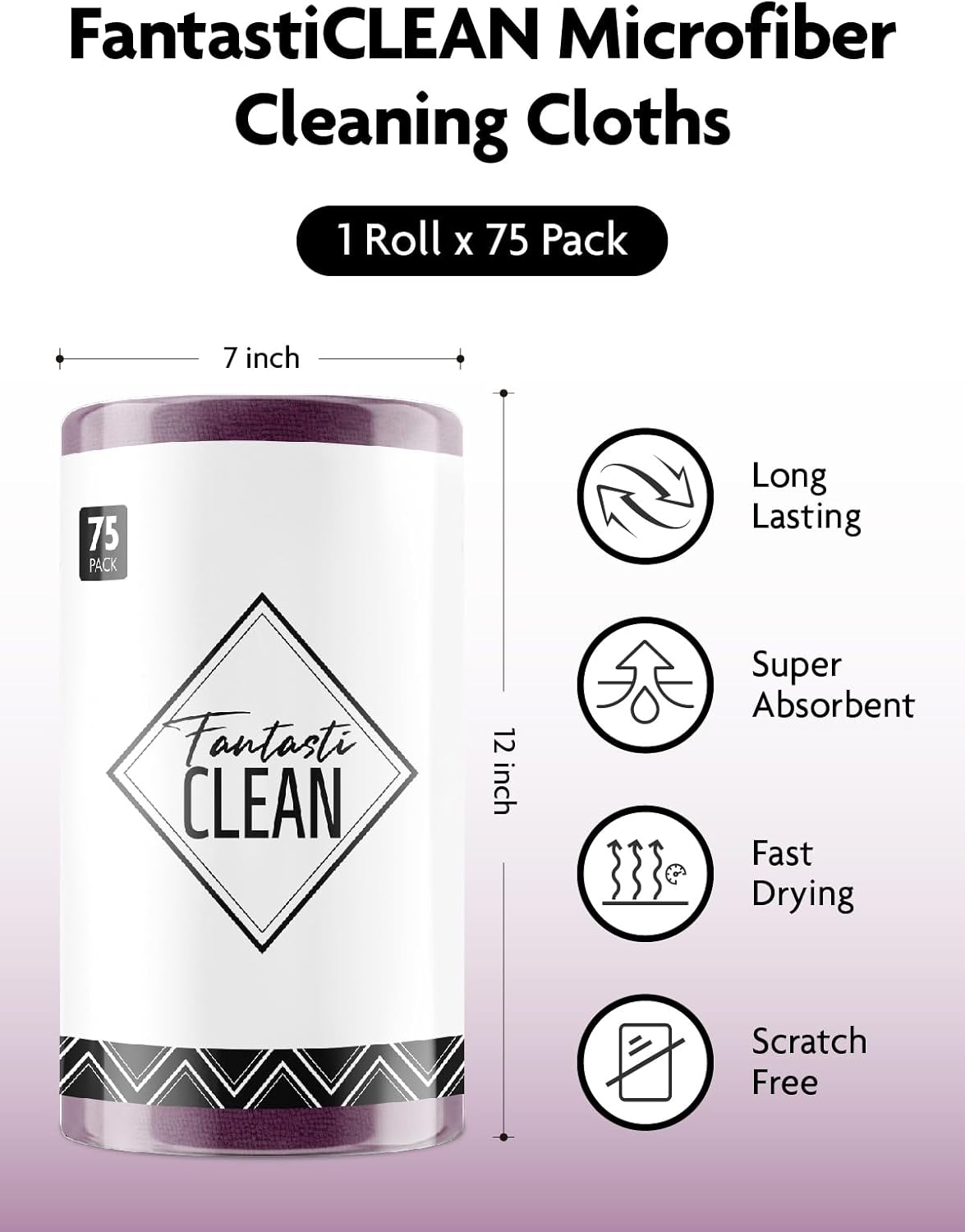 Fantasticlean Microfiber Cleaning Cloth Roll -75 Pack, Tear Away Microfiber Towels, 12" x 12", Reusable, Washable, Scratch Free, Ultra Absorbent for Car, Home Supplies (Dark Purple)