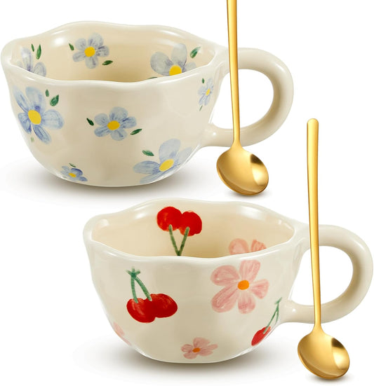 Vesici 2 Pcs Ceramic Coffee Mugs Flower Cups with Spoon Vintage Floral Mugs with Handle 8.5 oz Aesthetic Tea Porcelain Cup Gift for Valentine Office Home, Dishwasher and Microwave Safe(Lovely)