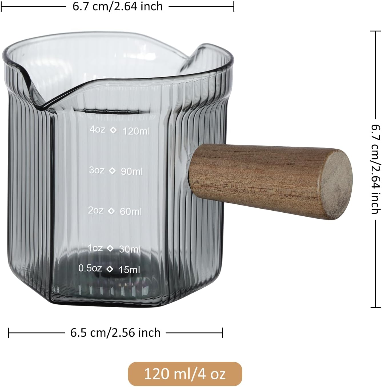 Joeyan 4 oz Grey Double Spouts Measuring Triple Pitcher Milk Cup with Wood Handle,Ribbed High Borosilicate Glass Measuring Cup, Espresso Shot Glasses