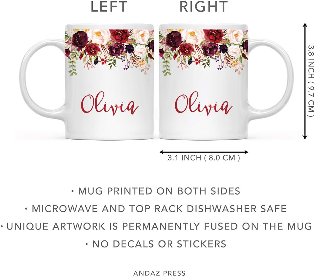 Andaz Press Personalized 11oz. Wedding Ceramic Coffee Tea Mug Bridesmaid Gift, Fall Autumn Marsala Burgundy Flowers Roses Florals, Olivia, 1-Pack, Includes Gift Box, Custom Name