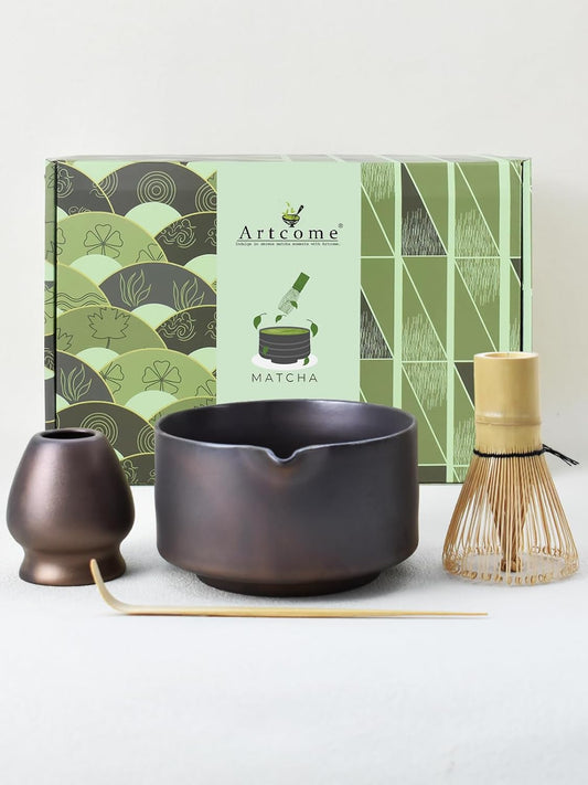 Artcome Matcha Bowl Set with Spout – Handmade Ceramic Chawan, Bamboo Whisk, Whisk Holder, Tea Scoop, and Matcha Manual – Traditional Japanese Tea Set for Matcha Lovers