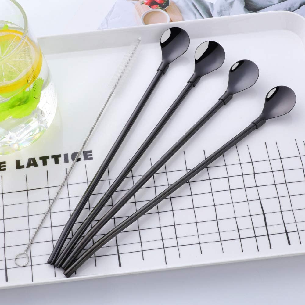 Straws, 8-Piece 8.5inch Black 18/8(304) Stainless Steel Reusable Straws + 2 Brushes