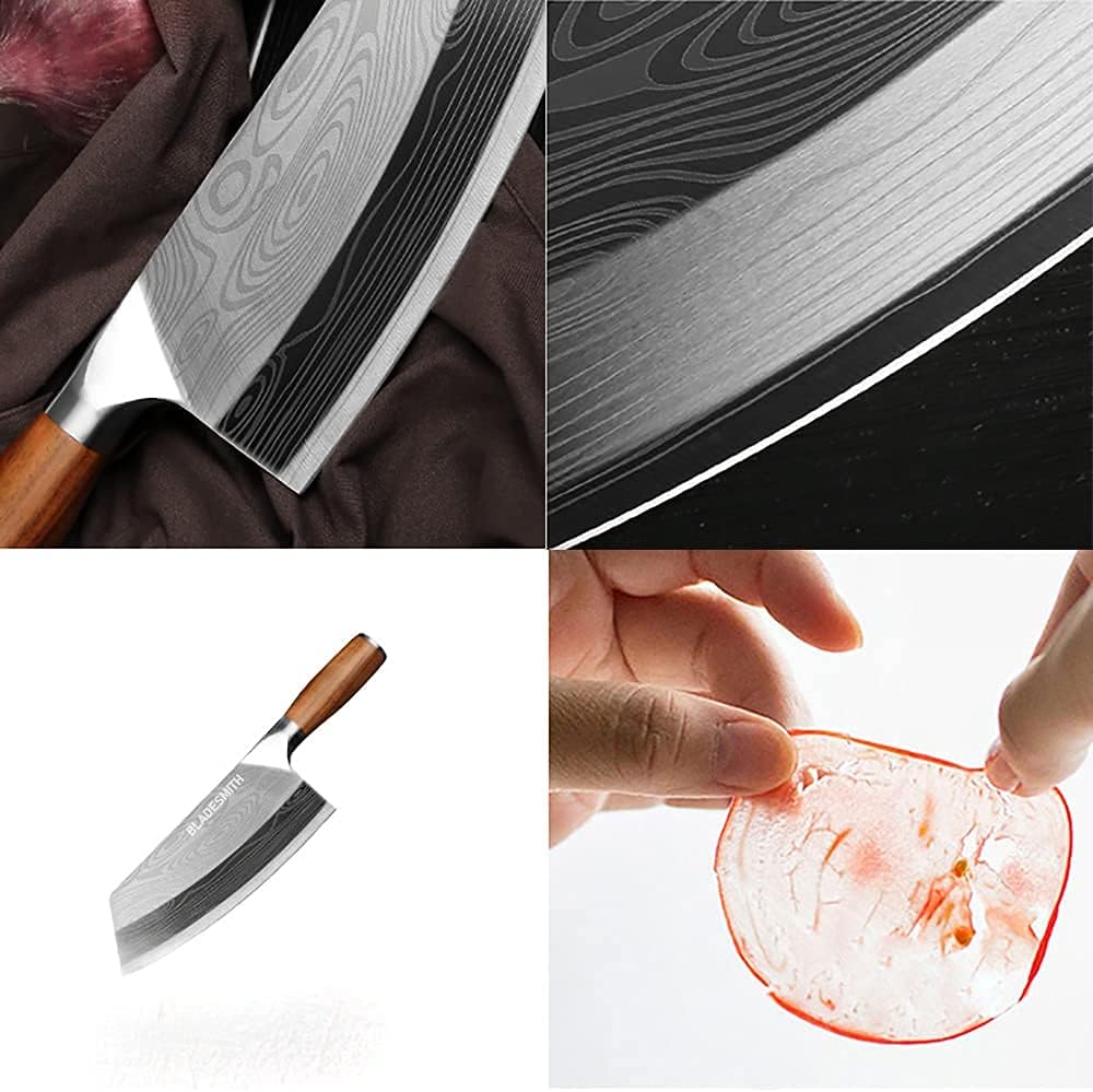Cleaver Knife, Chinese Chef's slicing Knife, Razor sharp HC German Stainless Steel blade with lasered damascus pattern, pearwood Handle, Kitchen Gift