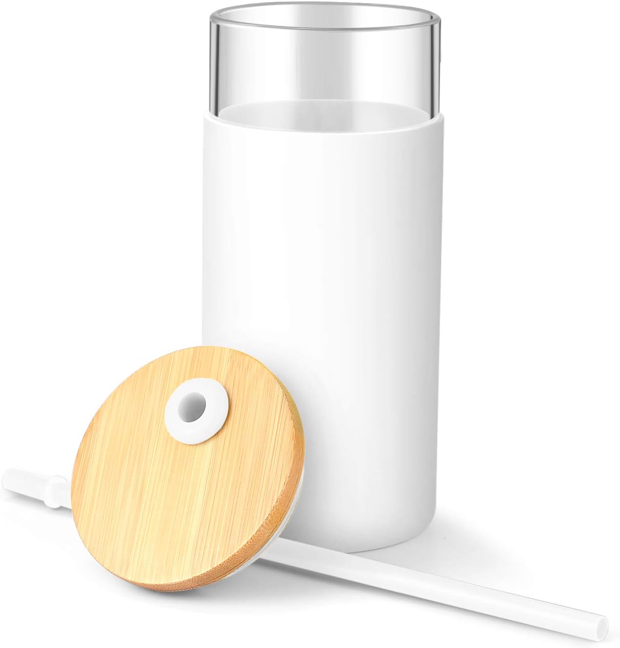 Tronco 20 oz Glass Tumbler Glass Water Bottle Straw Silicone Protective Sleeve Bamboo Lid - BPA Free - Black White/ 4 Pack