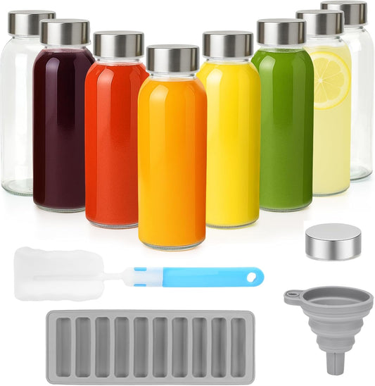Zukro Glass Water Bottles with Lids 10 oz, Reusable Clear Juice Bottles With Stainless Steel Airtight Cap for Juicing, 100% Leak Proof Juice Drinking Jar for Ginger and Milk, BPA Free