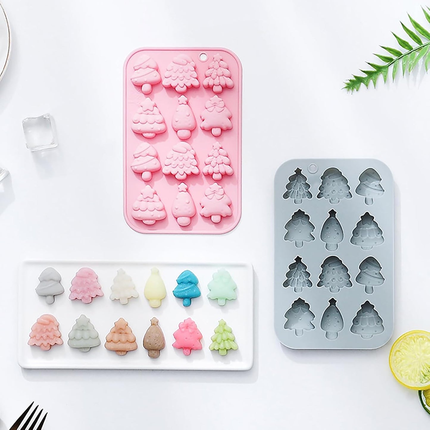 2 Pcs Christmas Tree Silicone Molds, 6 Types 12 Cavity Christmas Tree Shaped Candy Baking Moulds, for Chocolate Jelly Soap Fondant Candy Candles Pastry Gummies Cake DIY Decorating