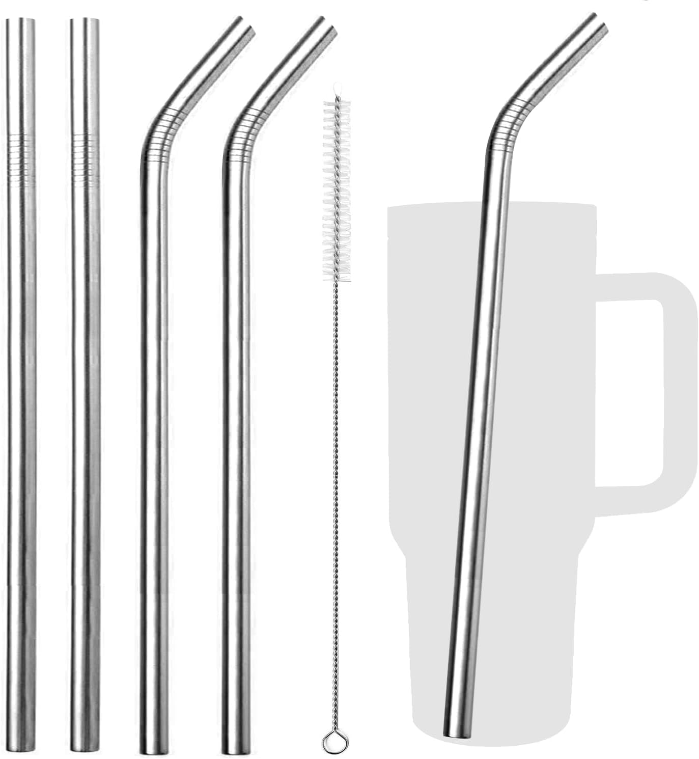 VEHHE Stainless Steel Stanley Straws, 4 Pack 12.5-inchs Long Reusable Stanley Cup Straw with Cleaning Brush (Silver)