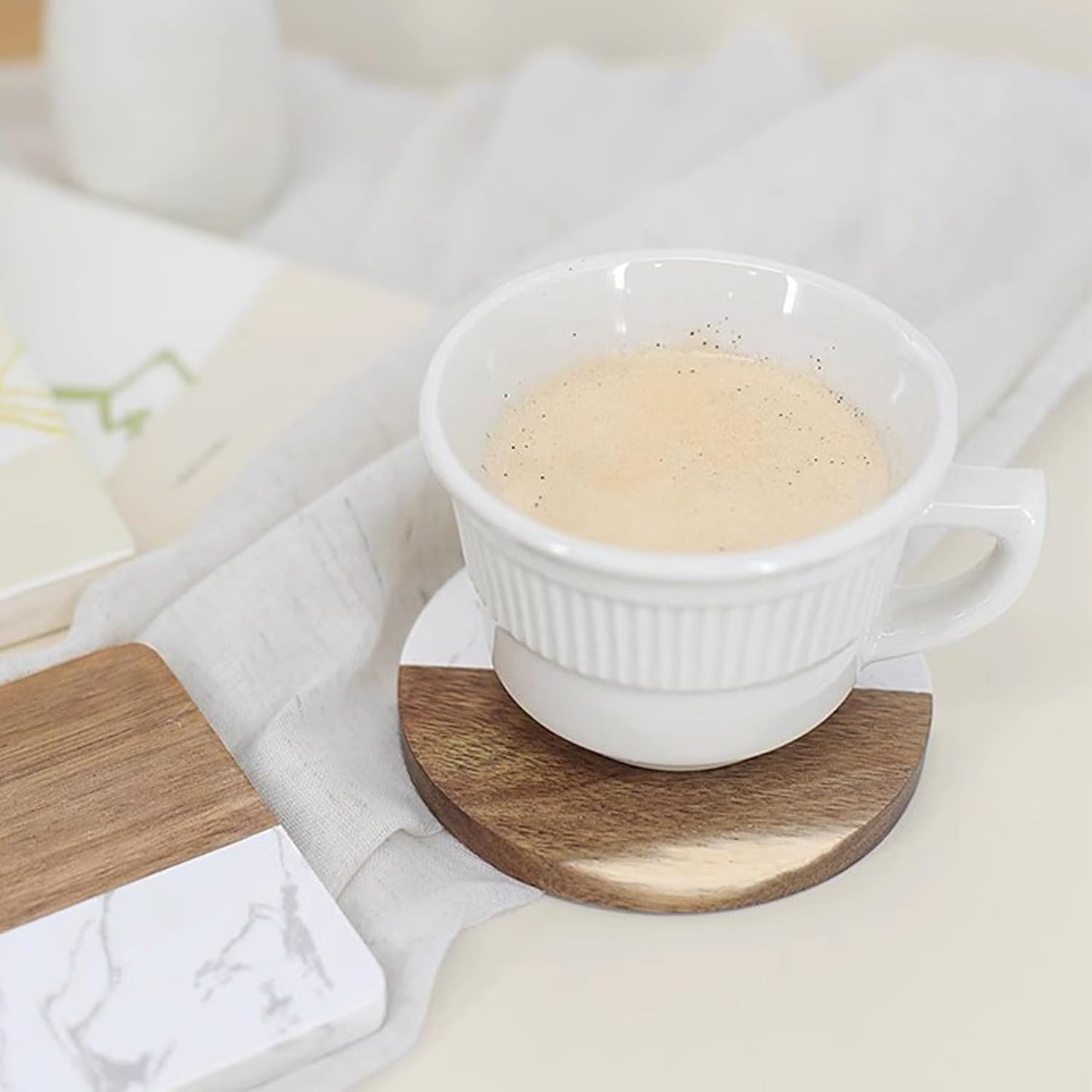 I-LAN Set of 4 Round Natural Wood and Marbel Style Drink Coasters for Coffee Wooden Table, Drink Bar Coaster Set/Tea Table Coasters for Living Room,Beer Cans,Bar Glasses,4 x 4 Inch