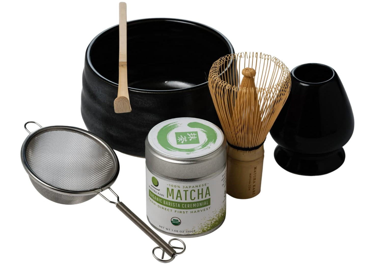 Matcha Kari Dr. Weil Complete Tea Set - Black - Japanese Ceremonial Organic Matcha with Whisk and Holder, Ceramic Bowl, Sifter, and Scoop