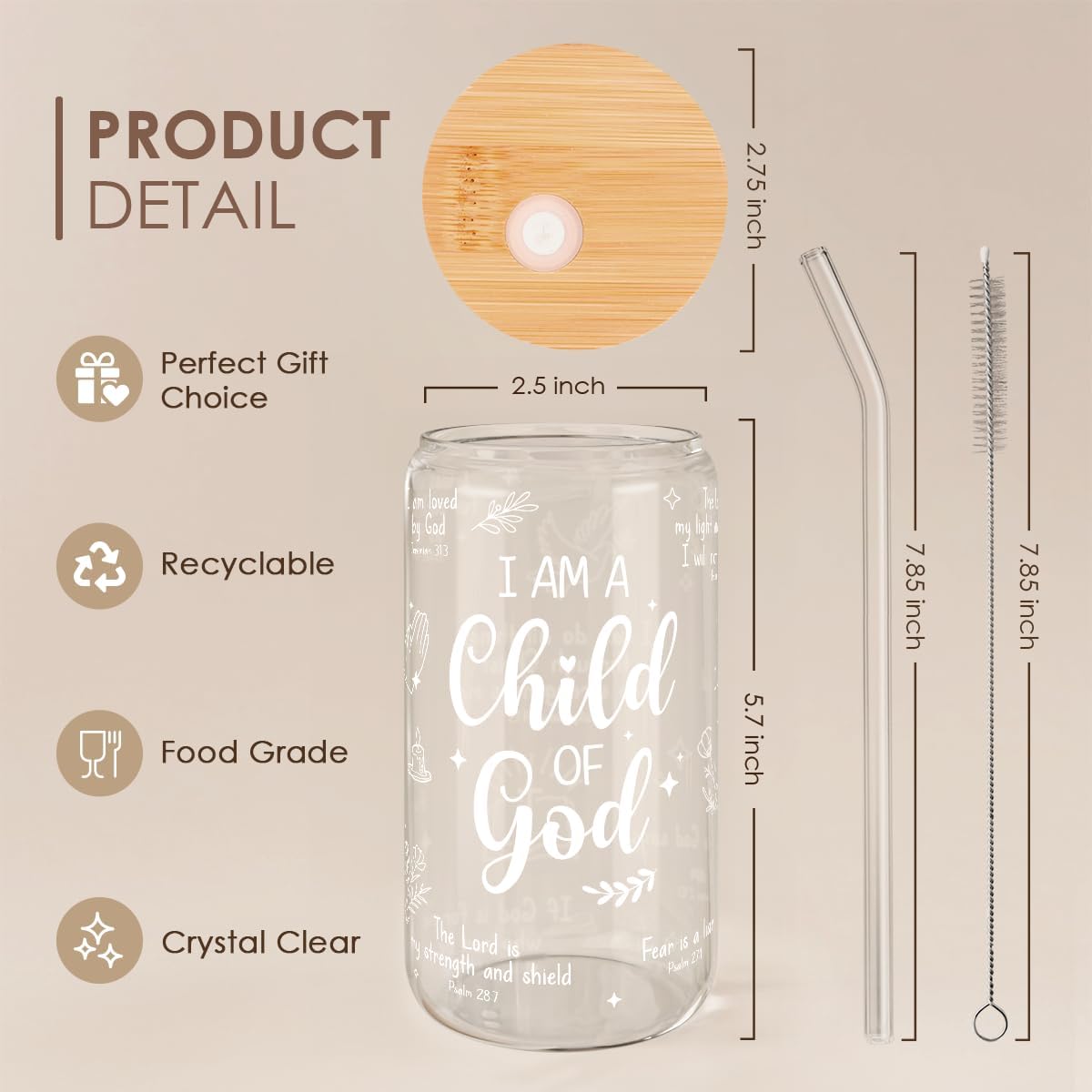 SANDJEST Christian Glass Can, I am Child of God Cup with Lid & Straw, Iced Coffee Aesthetic Cups, Idea Gift for Christmas Birthday, Gifts for Women, 16oz
