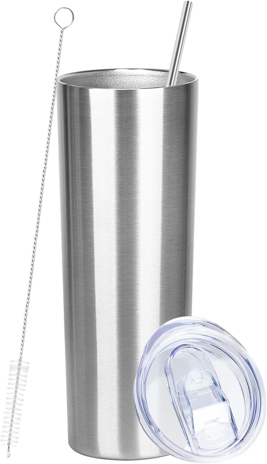 20 oz Skinny Tumbler with Lid and Straw,Stainless Steel Vacuum Insulated Tumbler Cup Double Wall Leak-proof Coffee Mug,Travel Thermal Water Tumbler for Office,Outdoor(Silver,1)
