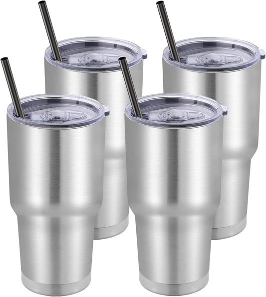 DOMICARE 30 oz Tumbler with Lid and Straw, Stainless Steel Tumblers Bulk, Insulated Vacuum Double Wall Travel Coffee Mug, Durable Powder Coated Tumbler Cups (Stainless Steel, 4)