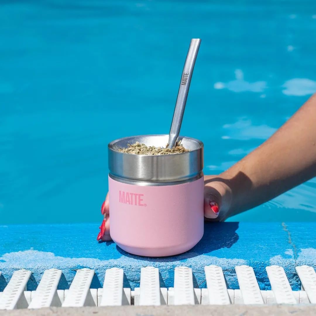 Matte 6.5 oz Yerba Mate Gourd and Bombilla Set - Includes DS Pro Box - BPA Free Yerba Mate Set Kit with Mate Straw, Elegant Design, Non-Slip Base (Pink)