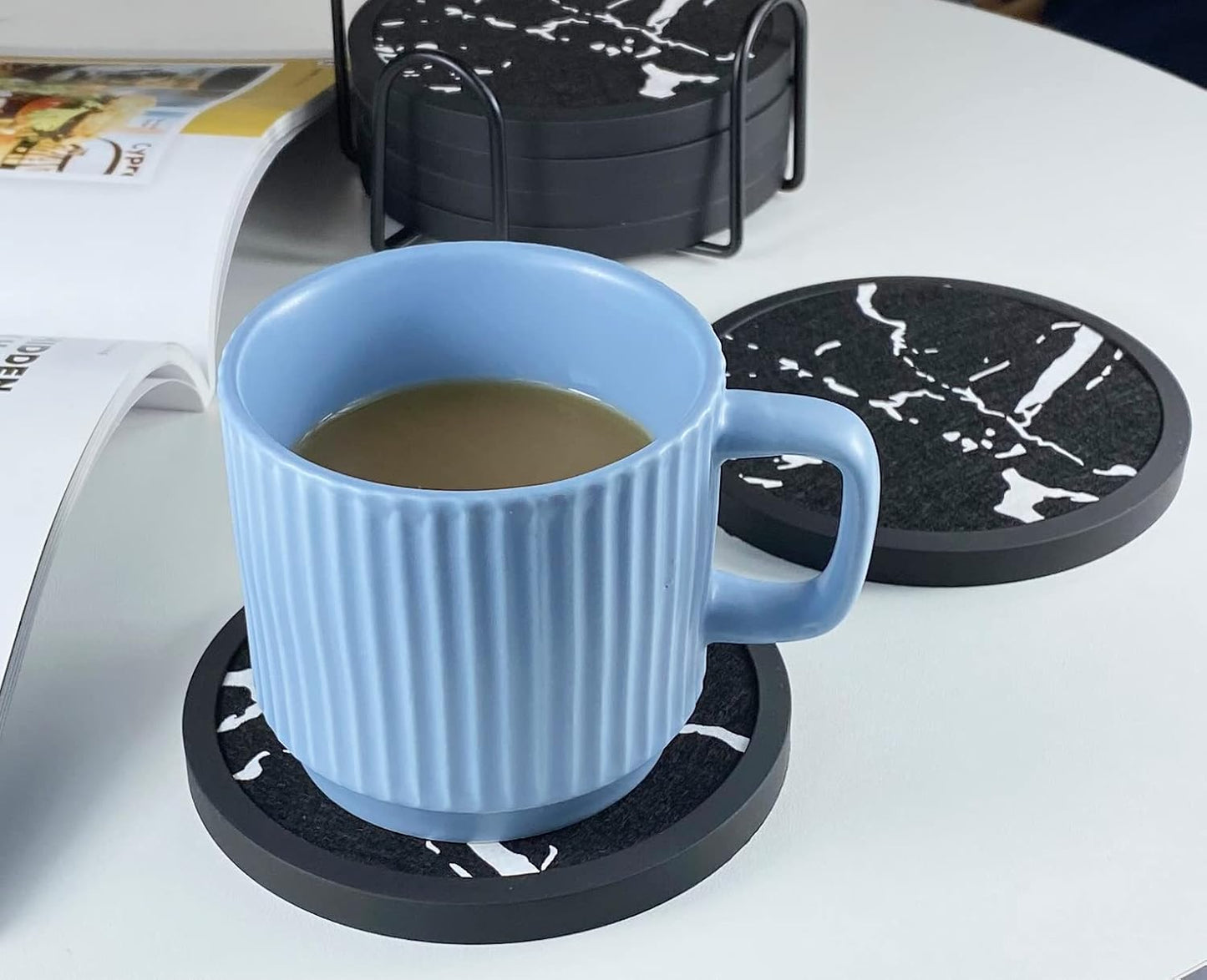 Absorbent Coasters for Drinks with Holder - 6packs, Silicone Coaster with Soft Felt Insert (4.5 inch Holder, Marble Pattern)