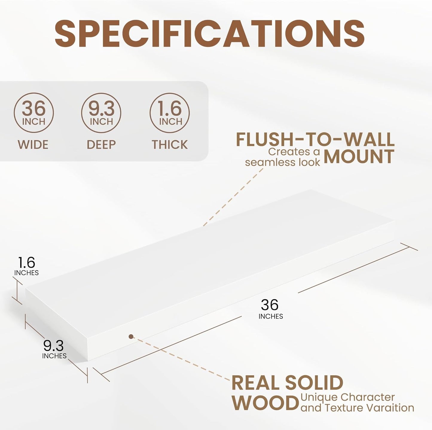 9.3 Inch Deep Floating Shelves, White Solid Wood Floating Shelf Wall Mounted, 36 x 9 Large Display & Storage Shelves for Books, Living Room, Bathroom, Rustic Wooden Wall Shelves, Heavy-Duty, Set of 2