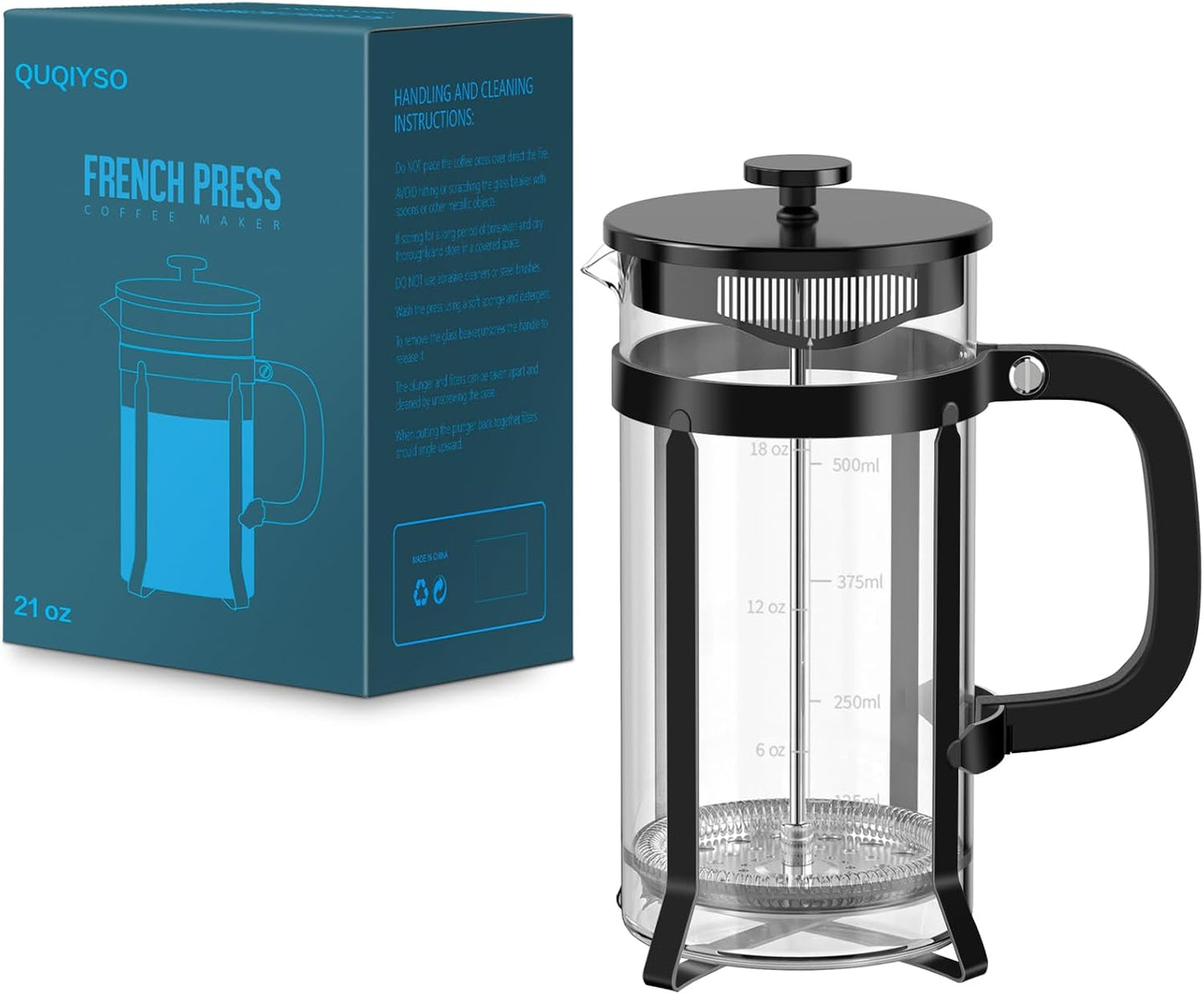 QUQIYSO French Press Coffee Maker 304 Stainless Steel French Press with 4 Filter, Heat Resistant Durable, Easy to Clean, Borosilicate Glass Coffee Press, 100% BPA Free Glass Teapot, 21 ounce, Black