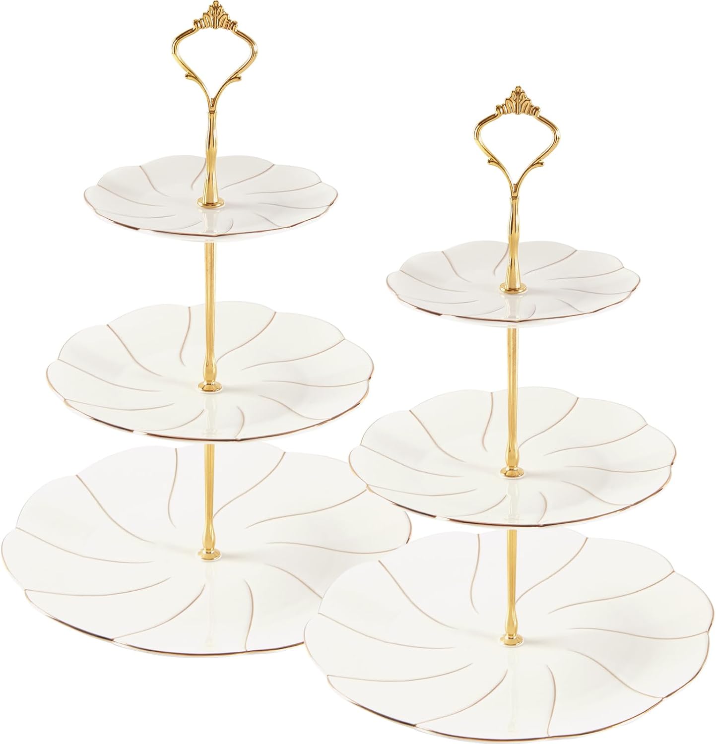 DUJUST 2pcs Porcelain 3-Tier Cupcake Stand Tower, British Style Serving Tray with Golden Trim, Food Grade Dessert Display Stand, Beautiful Gift for Tea Party & Home Décor