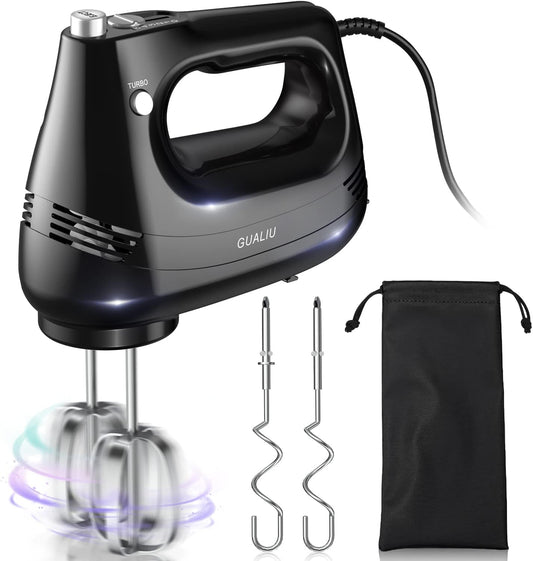 Electric Hand Mixer with Stainless Steel Whisk, Dough Hook Attachment and Storage Bag, Handheld Mixer for Baking Cakes, Eggs, Cream Food Mixers. Turbo Boost /5 Speed Kitchen Blender
