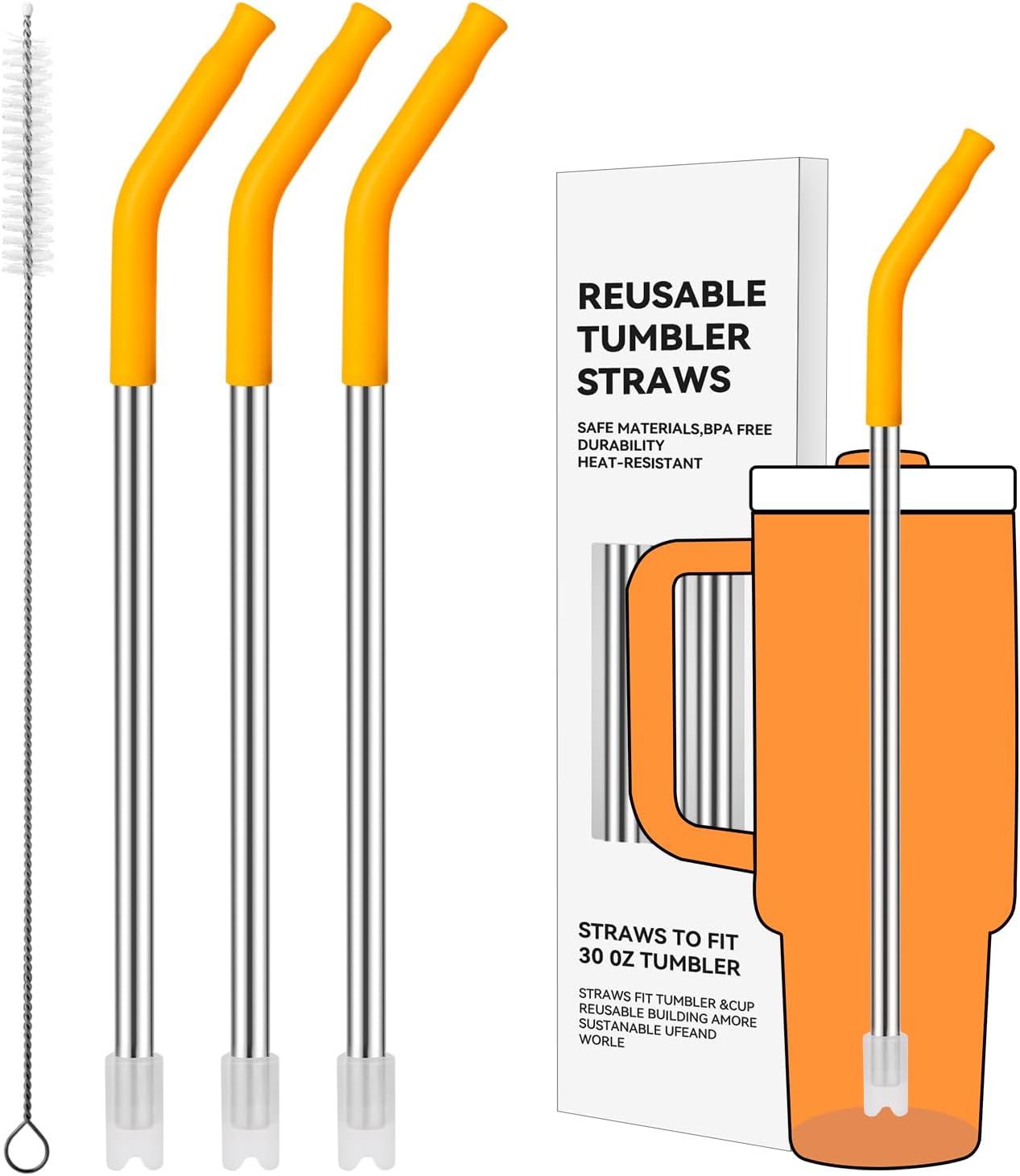 Reusable Metal Straws with Silicone Tip for Stanley 30oz,Stainless Steel Drinking Straws for 30oz Tumbler,3 Straight Tubes & 6 Tips& 1 Cleanr Brush (Goldenrod)