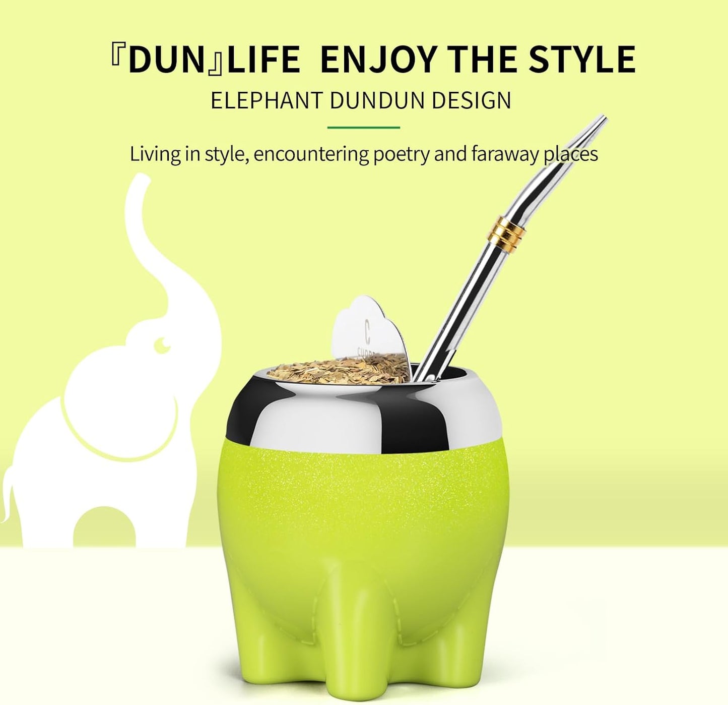 Premium Yerba Mate Cup 5 in 1 Set, Including Cute Elephant Style Stainless Steel Gourd, Bombilla Straw and Tea Shaper Set, 5.4oz, Gift for Women Drinking Cup
