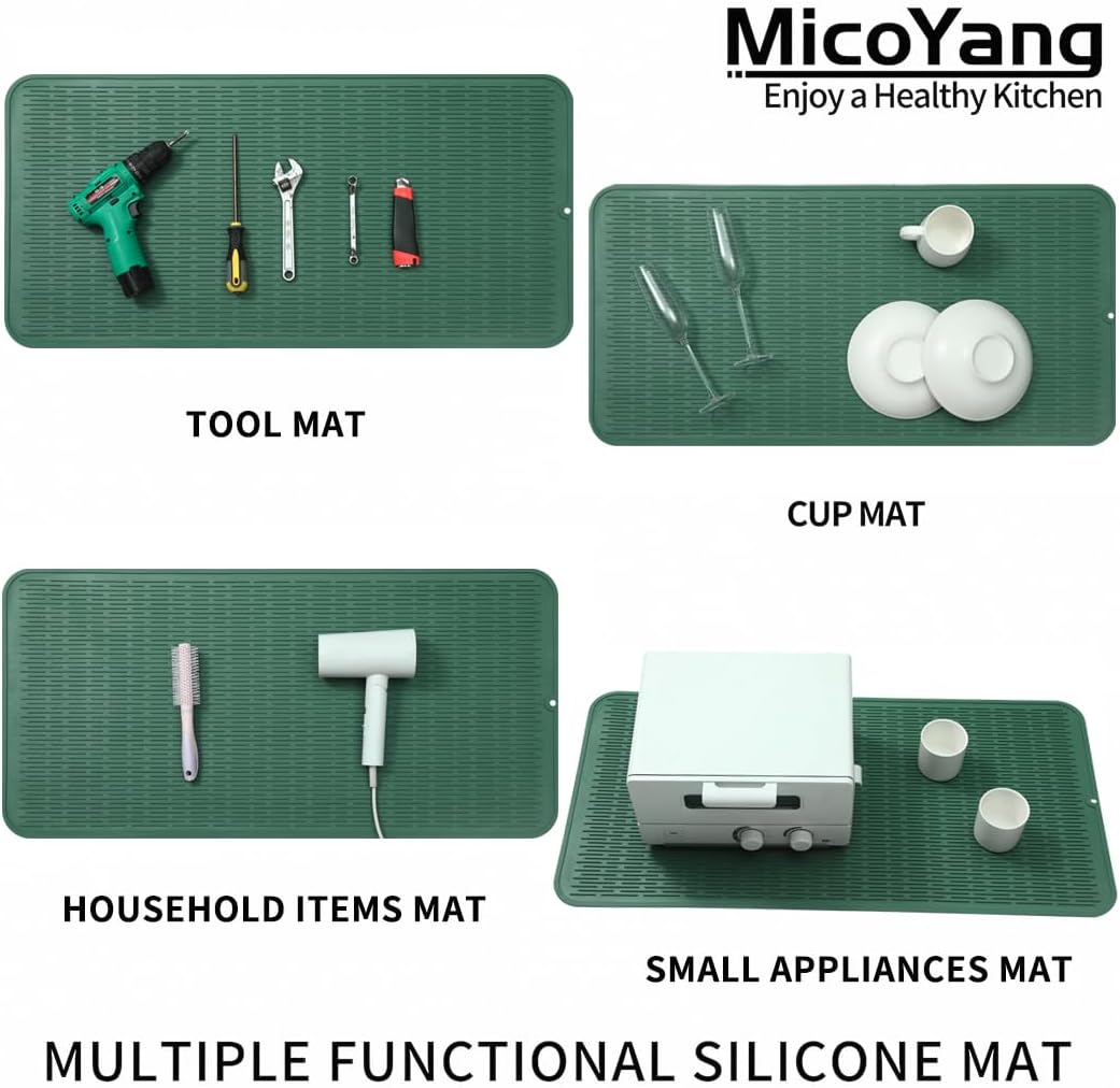 Silicone Dish Drying Mat for Multiple Usage,Easy clean,Eco-friendly,Heat-resistant Silicone Mat for Kitchen Counter or Sink,Refrigerator or Drawer Liner Green 5XL 36inches x 18inches