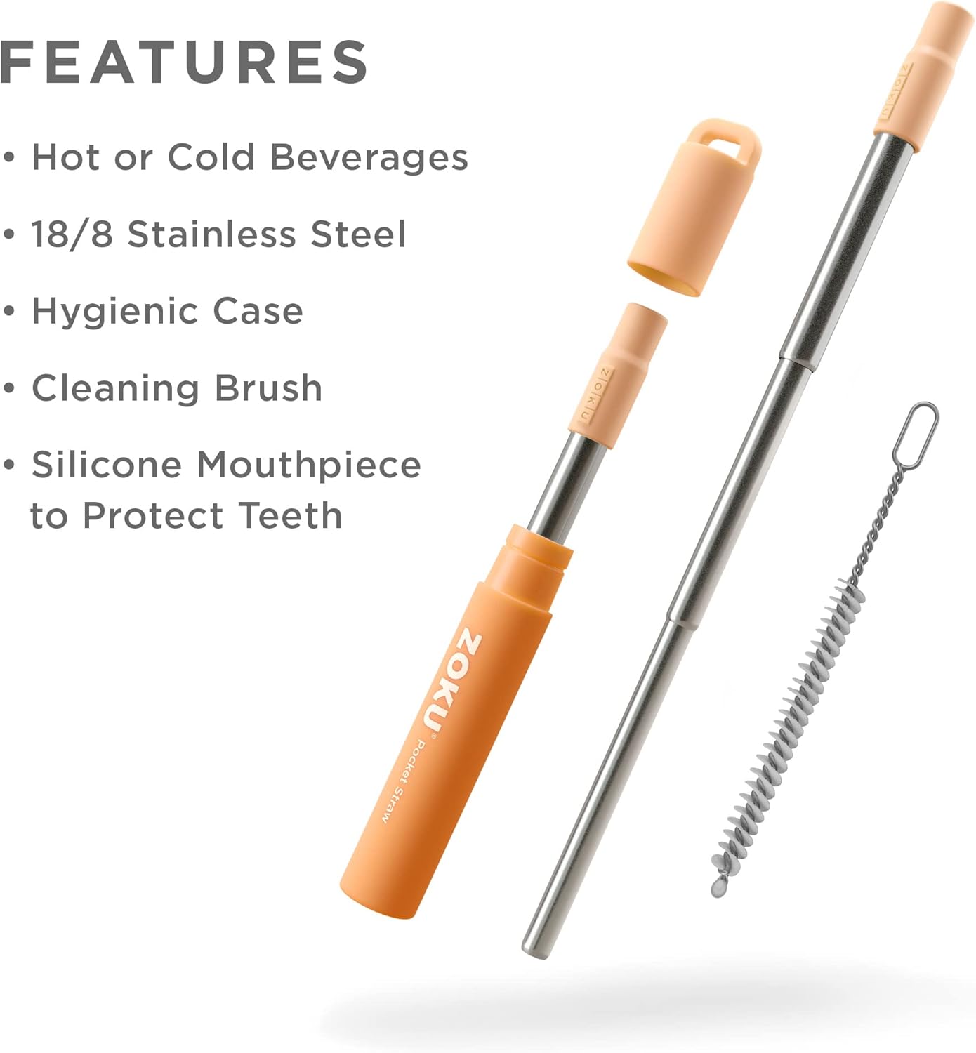 ZOKU Reusable Metal Straw with Case for Travel, Orange - Collapsible Stainless Steel Drinking Straw with Silicone Tip and Cleaner Brush, Ideal for Key Chains, Pockets, Purses