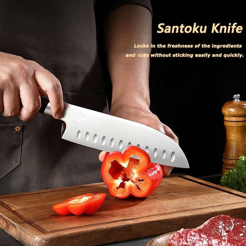 Kitory Santoku Knife - 7 Inch Full Tang GRANTON BLADE Kitchen Knife - Chef Knife for Chopping Vegetables- Forged German High Carbon Steel -2024 Gifts