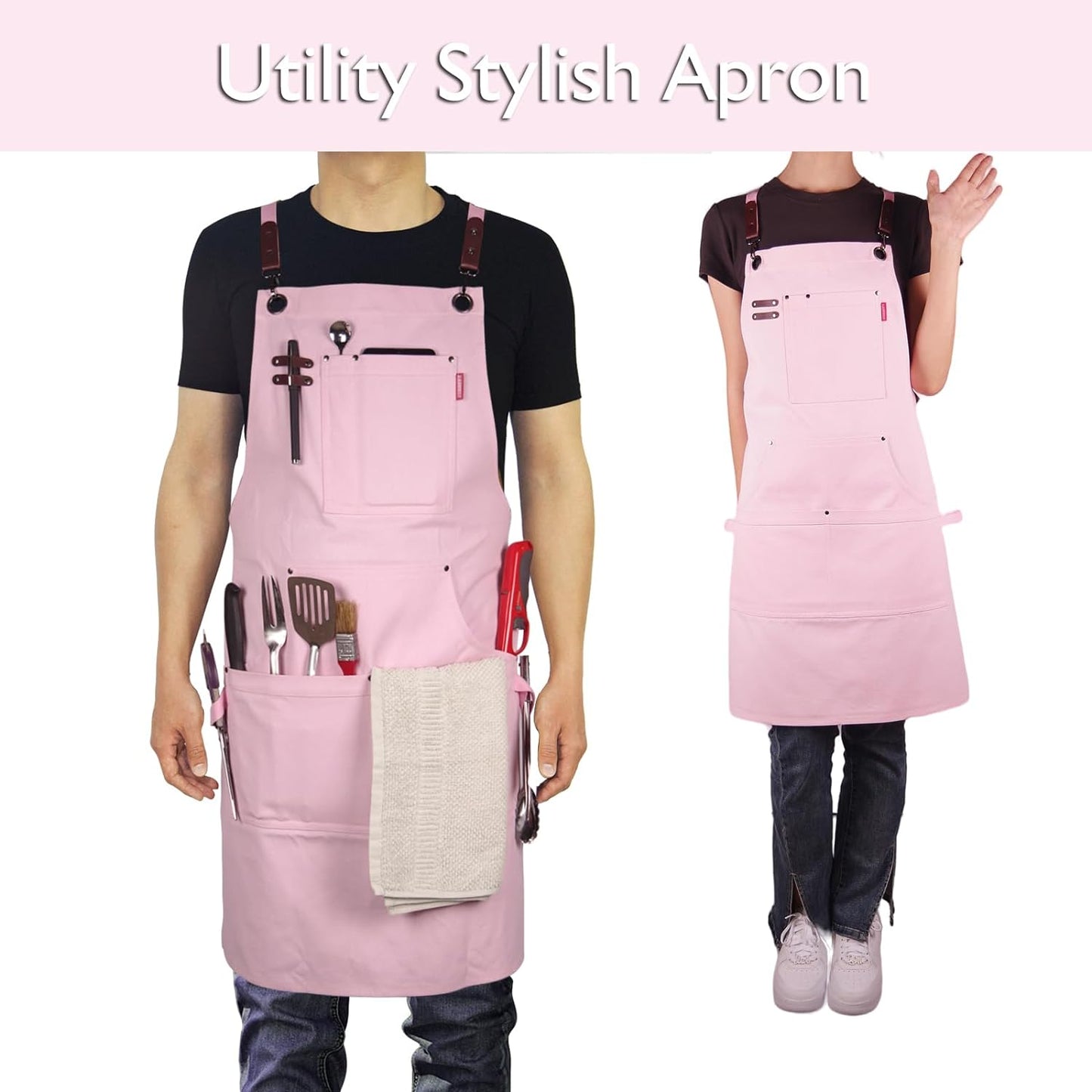 5 Pack Kitchen Apron, Work Apron, Canvas, Multiple Pockets, Gardening, Painting, BBQ, Artist, Carpenter, Sizes M to XXL, Pink