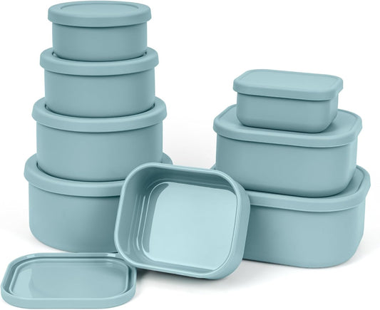 100% Silicone Food Storage Containers with Lids, 8 Pack, 10oz to 51oz, Reusable Leakproof Nesting & Stackable Silicone Bento Lunch Box, Microwave Freezer Dishwasher Oven Safe, BPA Free, Slate Green