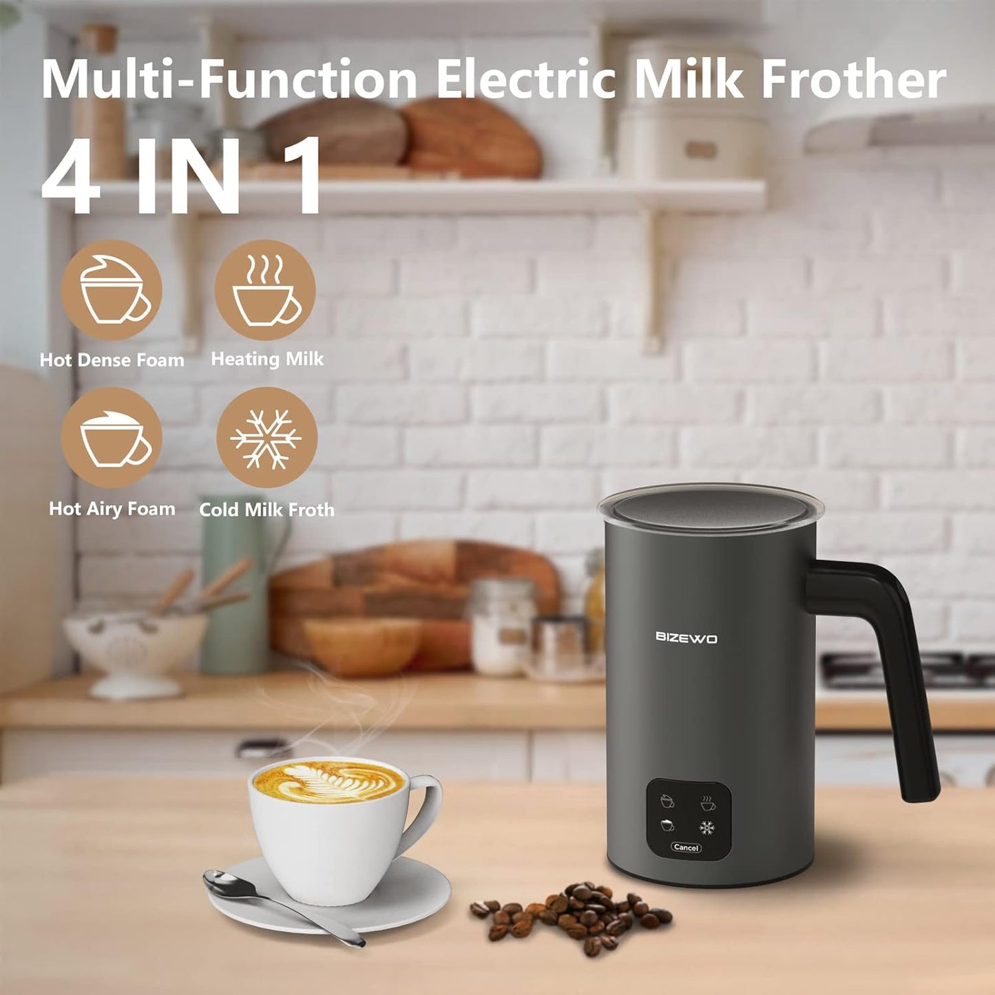 BIZEWO Milk Frother Electric, Warm and Cold Milk Steamer, 4 IN 1 Automatic Milk Warmer Stainless Steel with Touch Screen for Coffee, Latte, Macchiato, Cappuccino, Hot Chocolate