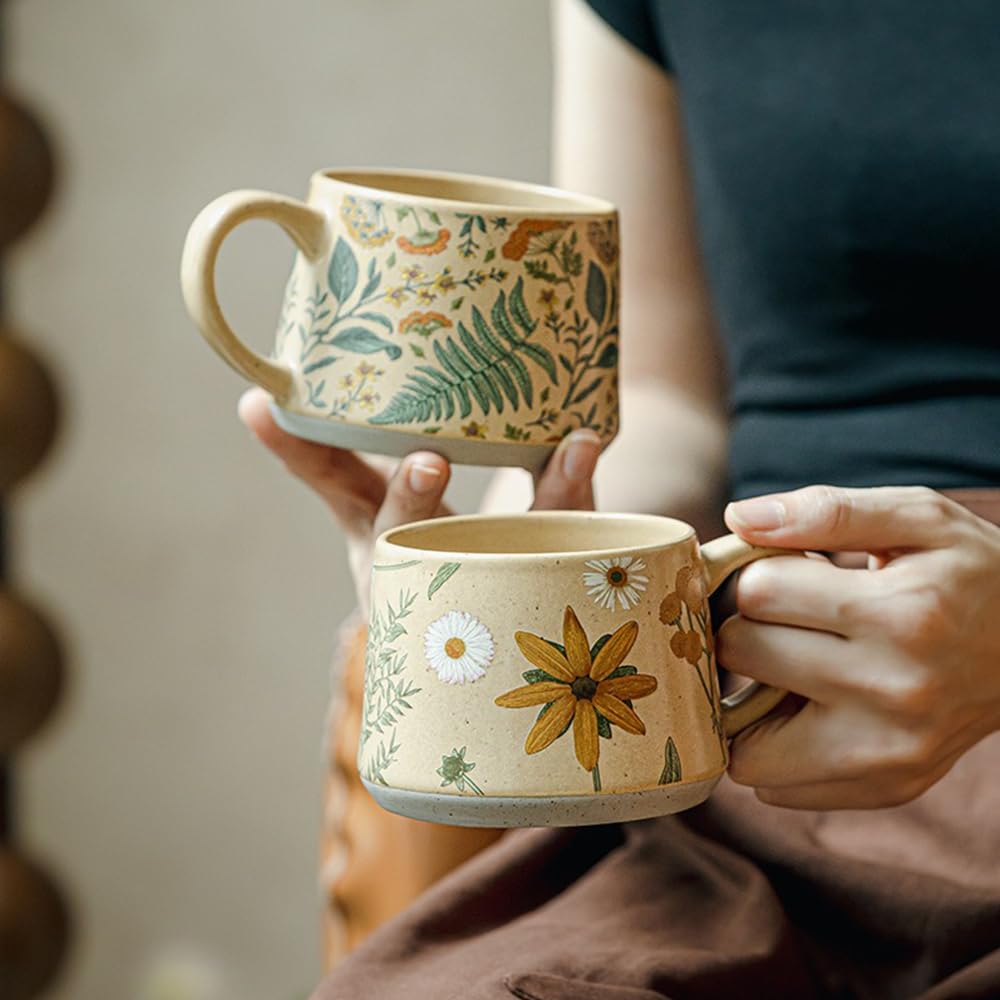 Floral Coffee Cup, 12oz Ceramic Hand Painted Porcelain Mug with Premium Gold Spoon, Cup for Cappuccino, Macchiato, Latte, Cafe, Tea, Unique Gift Idea (Summer's Whispers + Graceful Daisies)